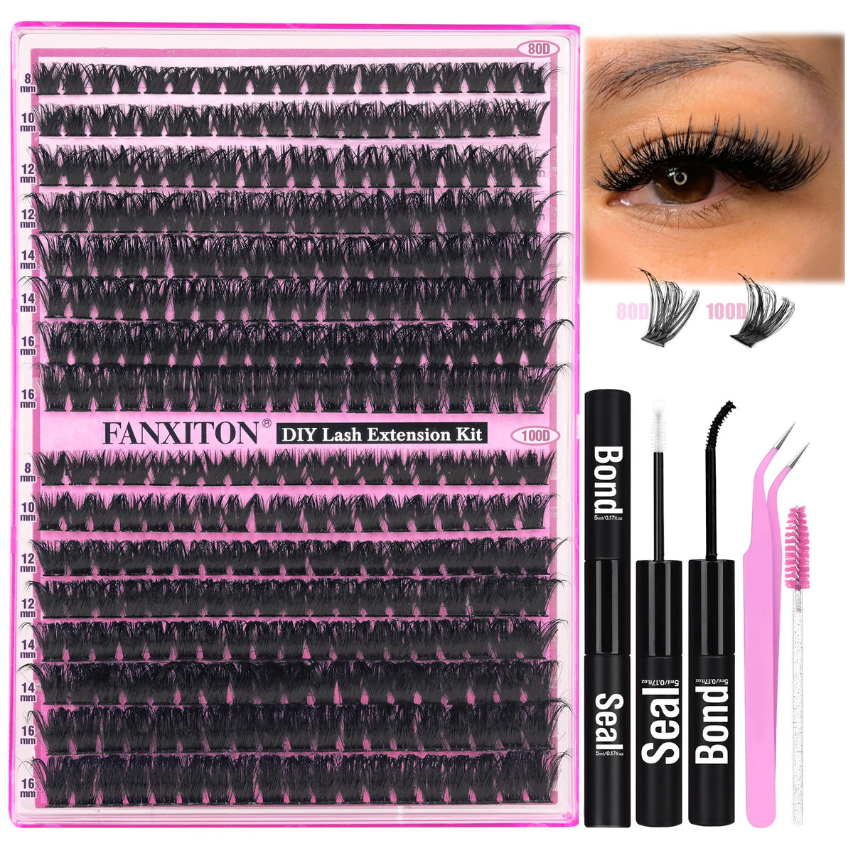 FANXITON Lash Clusters Kit 80D/100D front view with cluster lashes