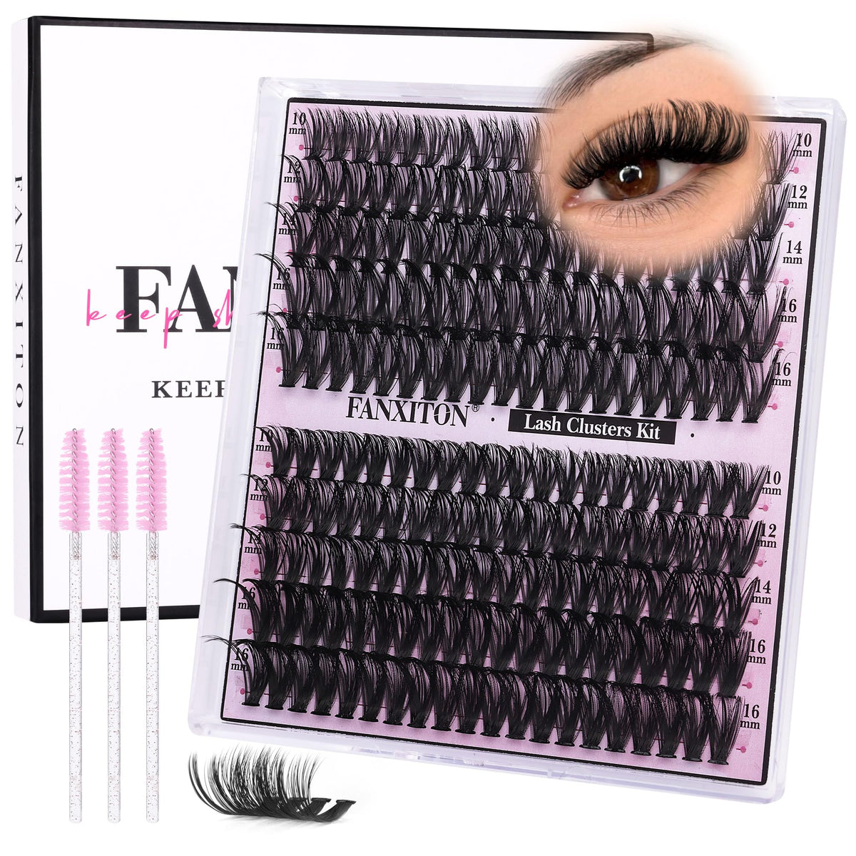 FANXITON lash clusters kit with brushes and clusters arranged