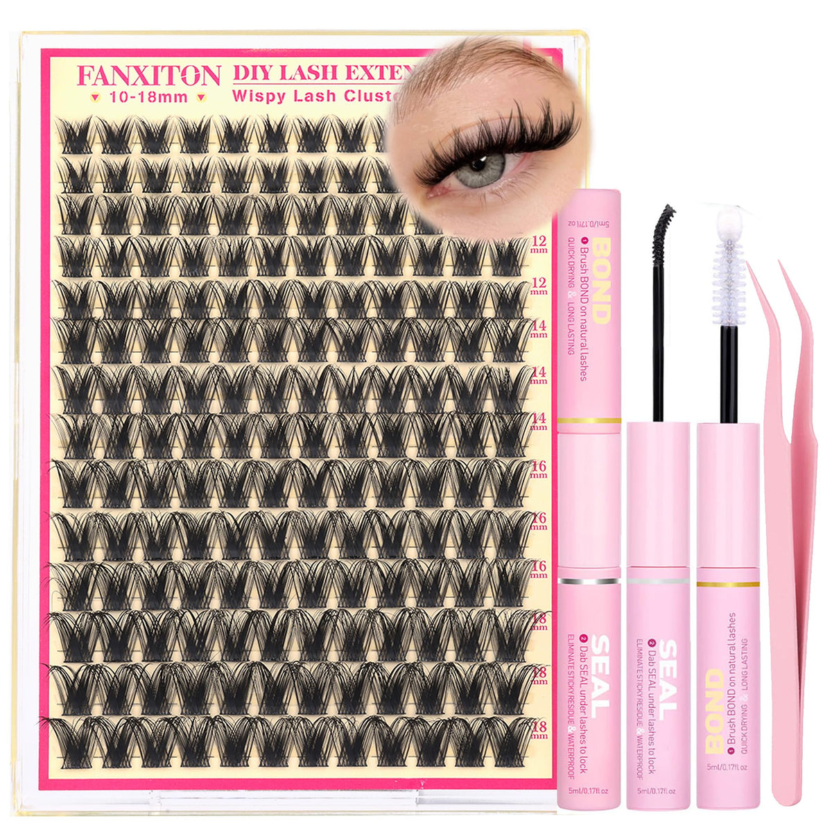 FANXITON Manga Anime Lash Clusters Kit front view with lashes and tools