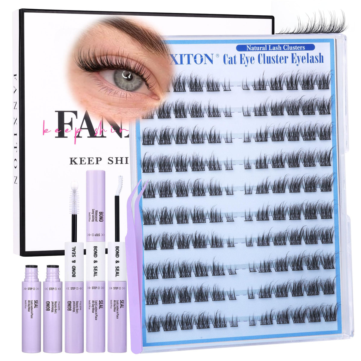 FANXITON Natural Cat Eye Lash Clusters Kit front view