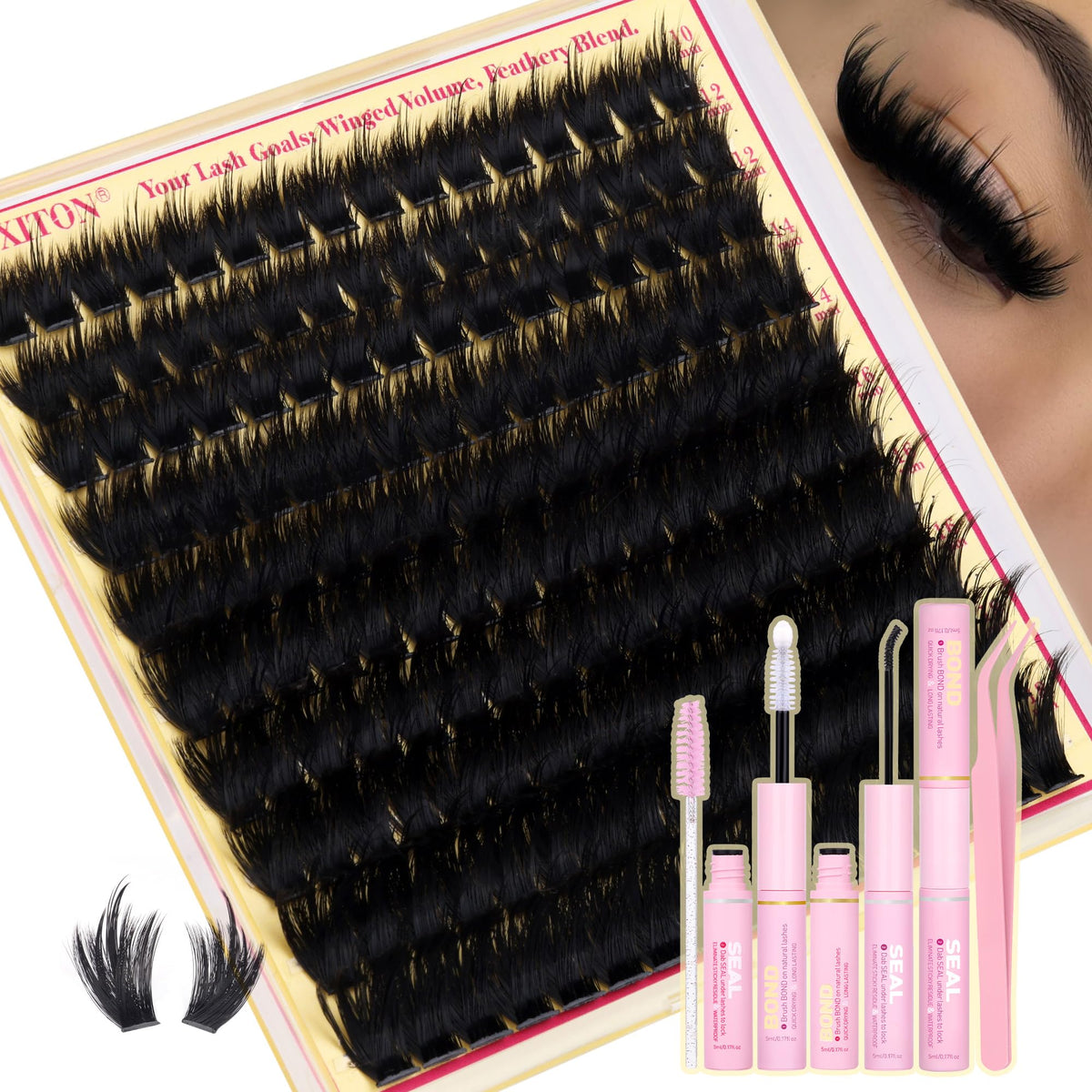 FANXITON Spiky Volume Lash Clusters Kit front view with lash clusters and tweezers