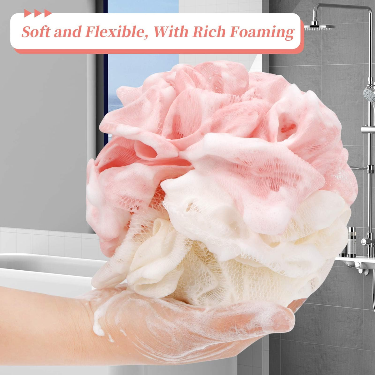 Farmoga Bath Loofah Sponge showing dense and fluffy mesh structure