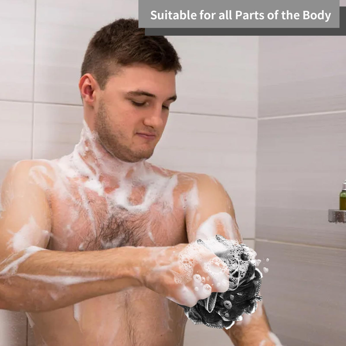 Farmoga Bath Loofah Sponge showing rich lather with body wash
