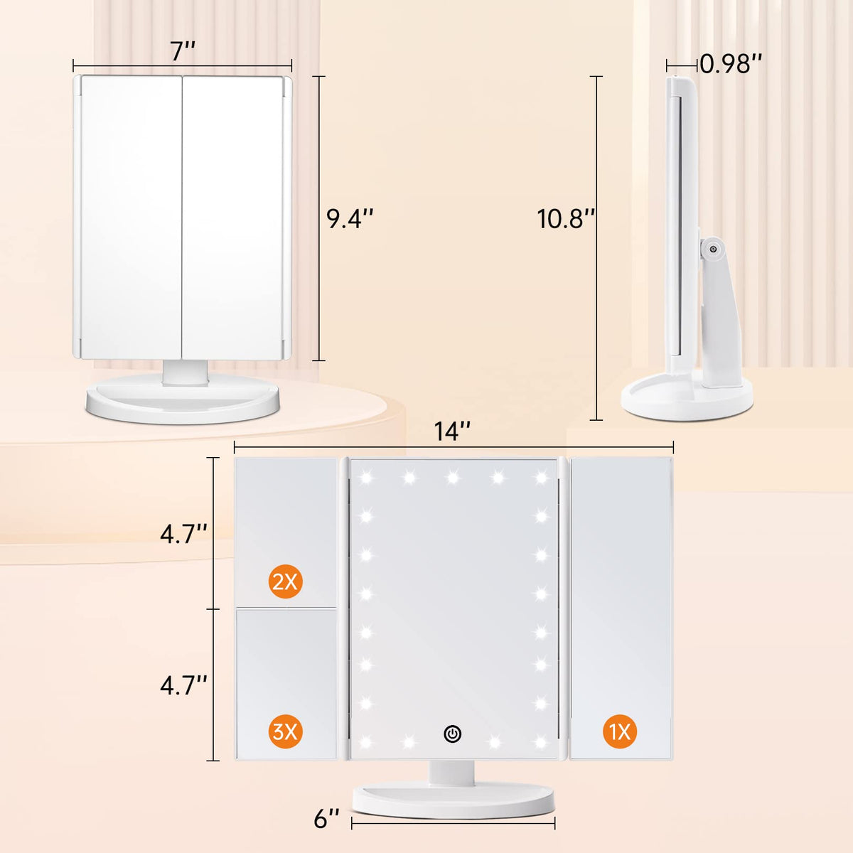 FASCINATE Trifold Vanity Mirror displayed on a vanity table