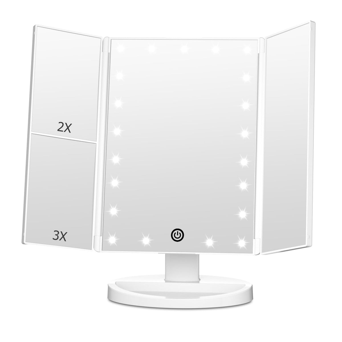 FASCINATE Trifold Vanity Mirror front view with LED lights