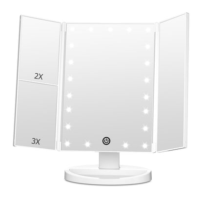 FASCINATE Trifold Vanity Mirror front view with LED lights