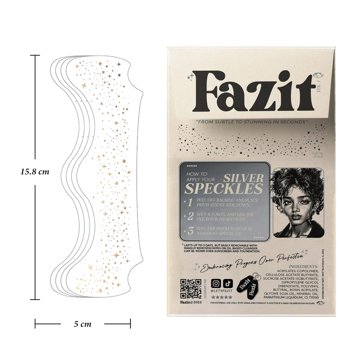 Fazit Glitter Freckle Makeup Patches back view showing application instructions