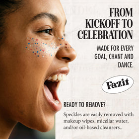 Fazit Soccer Glitter Makeup Patches on a fan at a soccer game