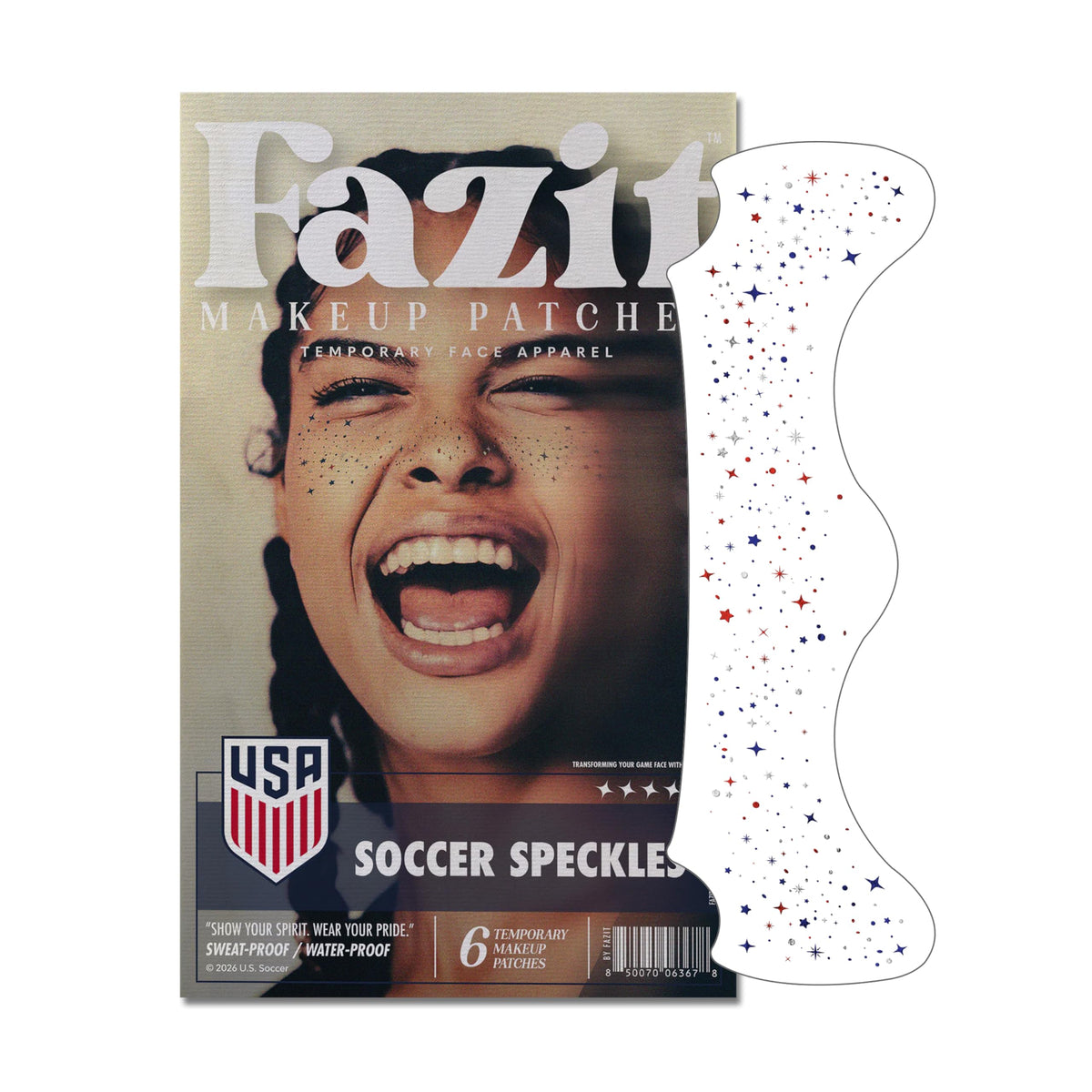 Fazit Soccer Glitter Makeup Patches red, blue, and silver front view