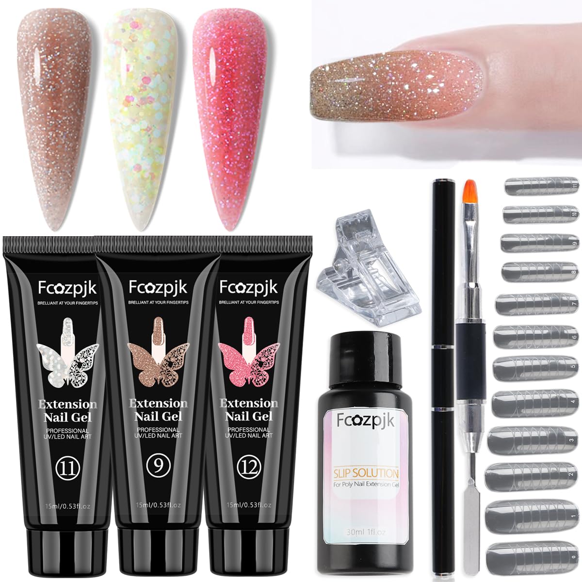 Fcozpjk Poly Gel Nail Kit with glittery brown, red, and yellow gels