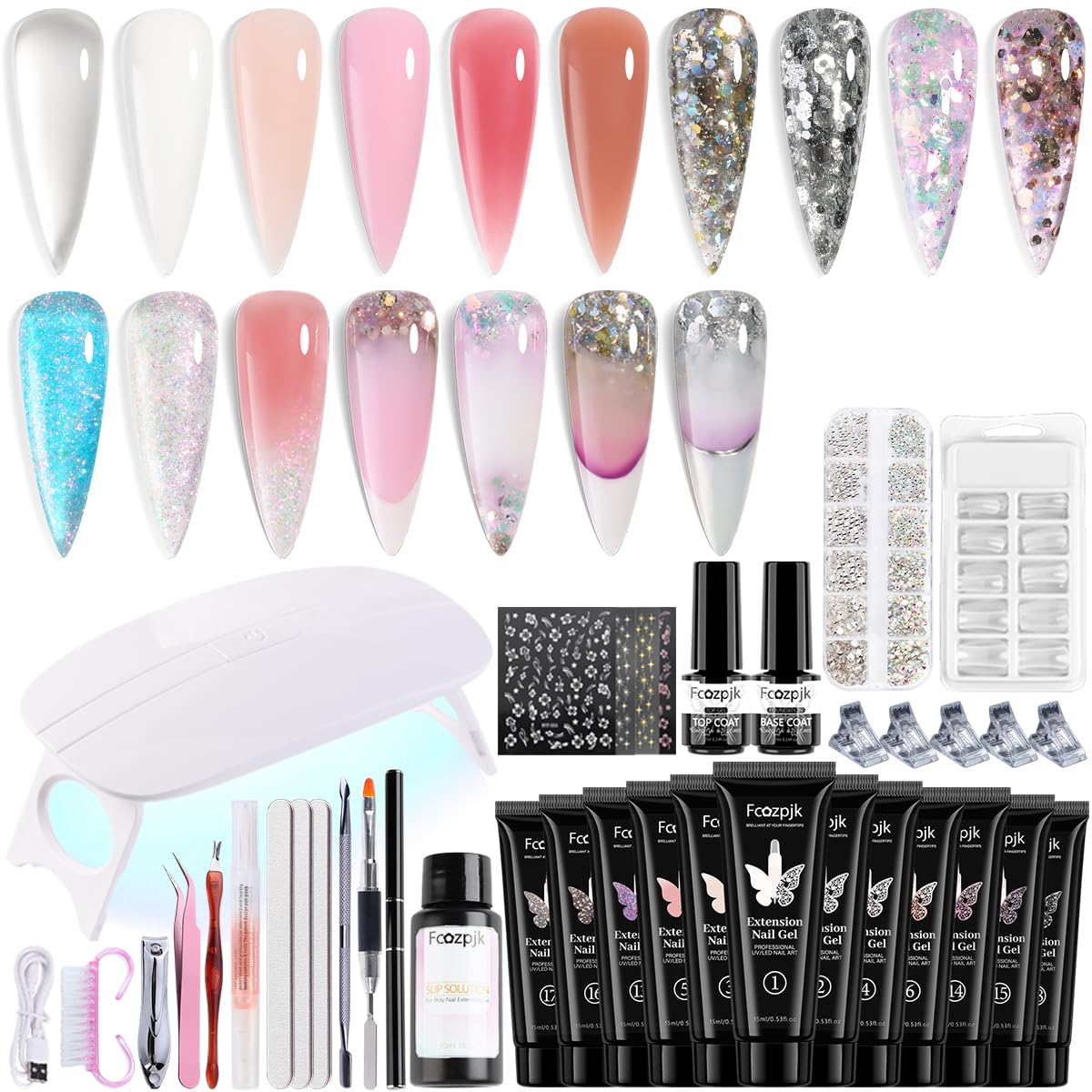 Fcozpjk Poly Nail Gel Kit with 12 colours and UV light