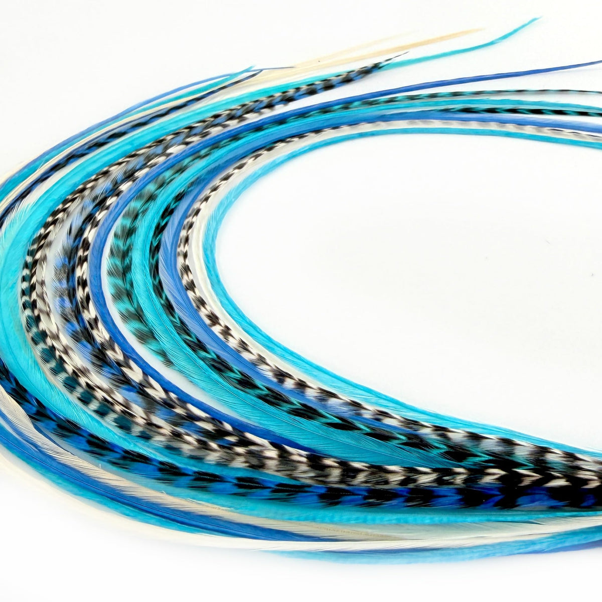 Feather Headz 21 Blues Color Hair Extensions front view with blue feathers