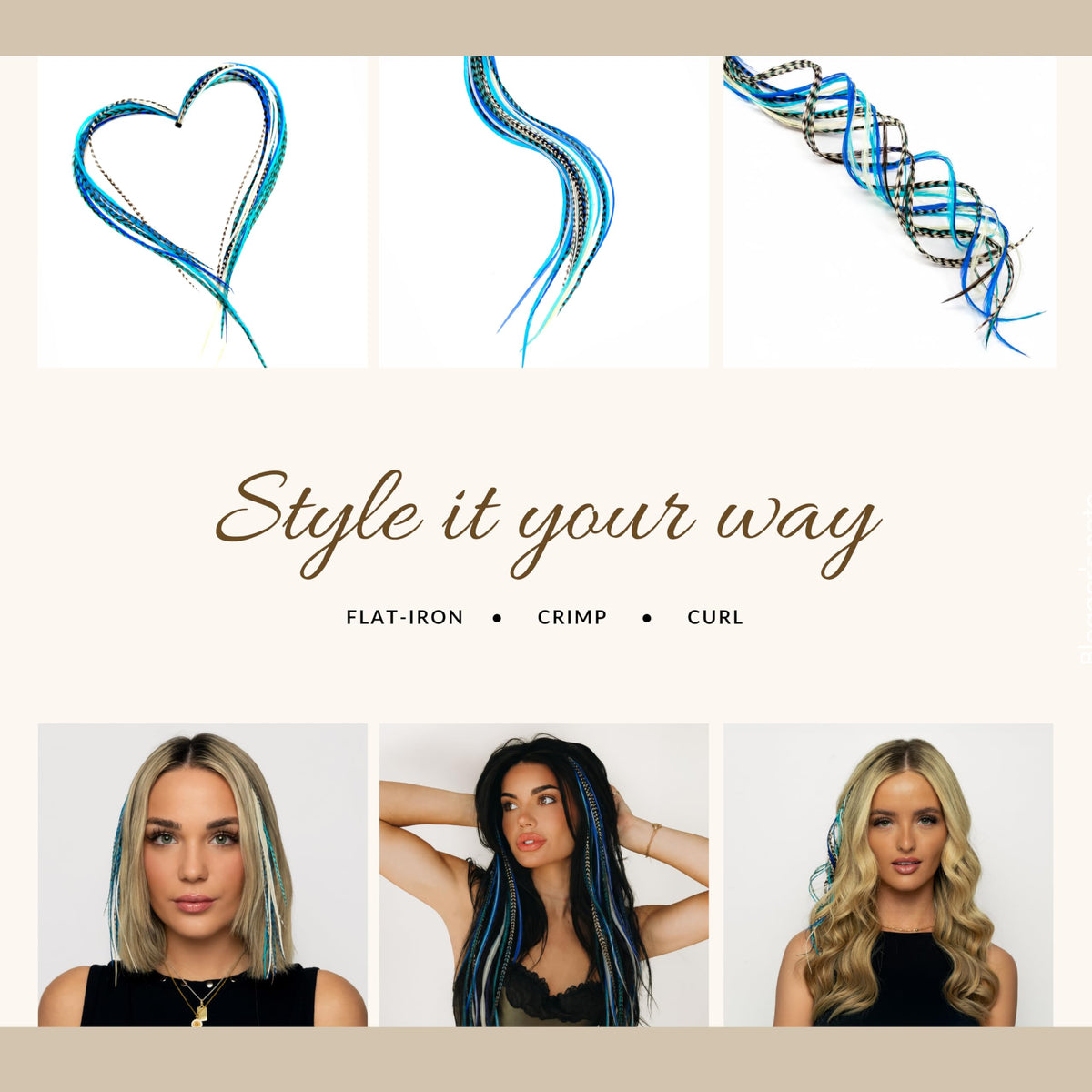 Feather Headz 21 Blues Color Hair Extensions styled with curls