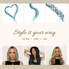 Feather Headz 21 Blues Color Hair Extensions styled with curls