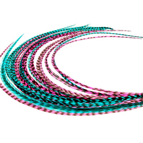 Feather Headz 21 Hot Pink & Turquoise Grizzly Hair Extensions front view