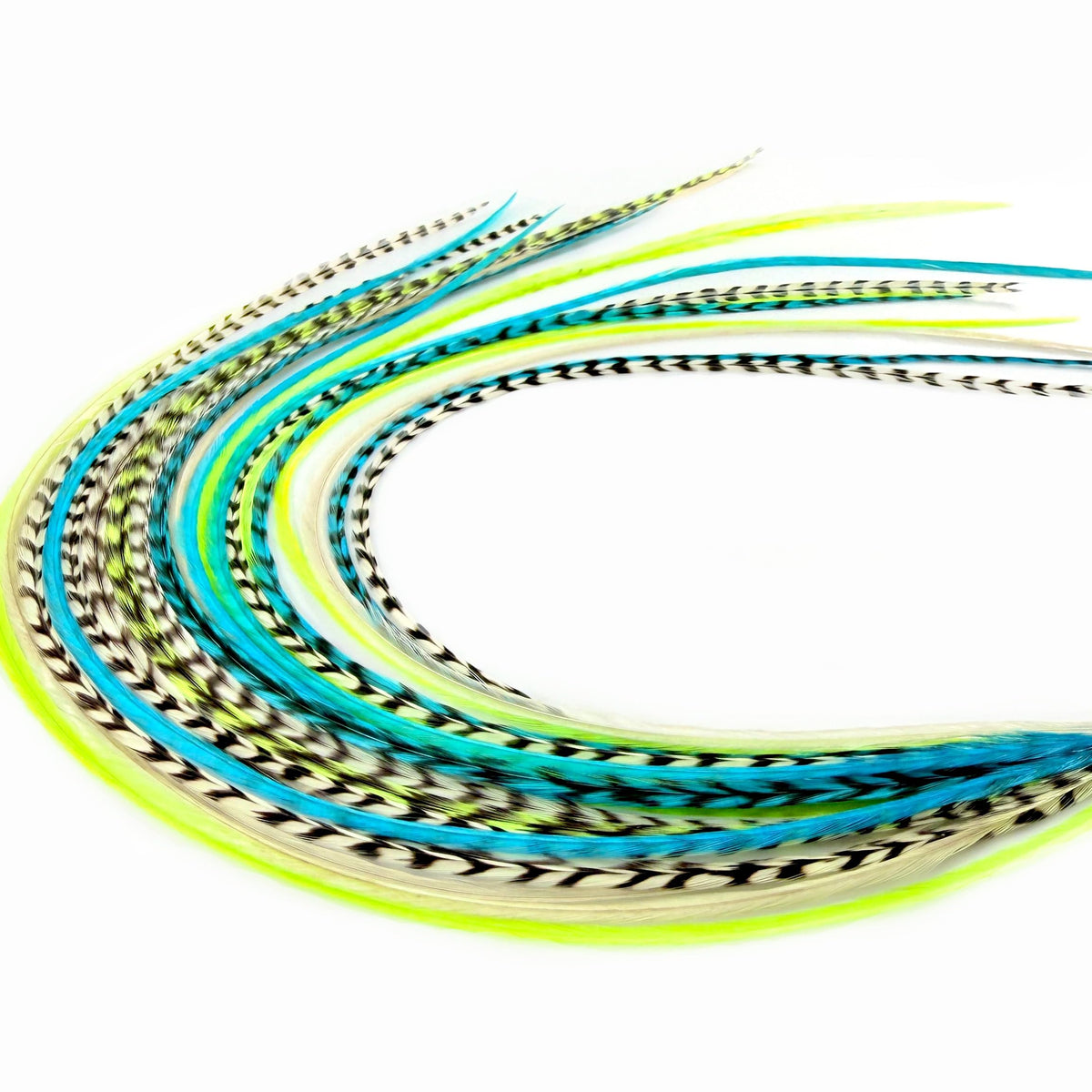 Feather Headz 21 Neon Green and Turquoise Hair Extensions front view