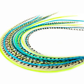 Feather Headz 21 Neon Green and Turquoise Hair Extensions front view