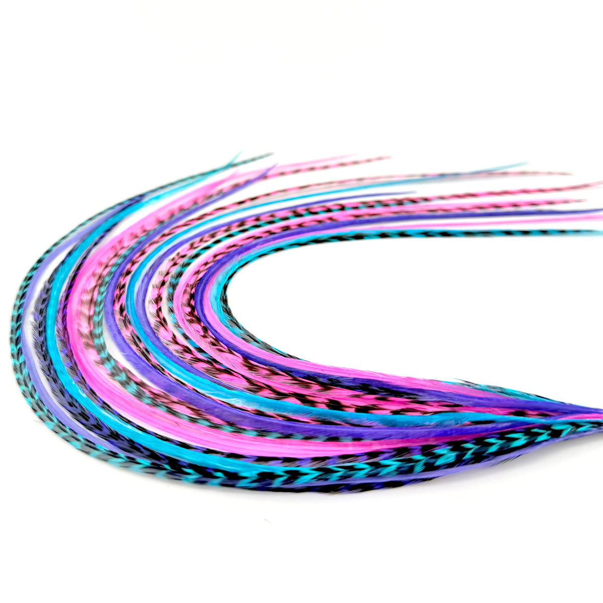 Feather Headz 21 Purple Pink Turquoise Hair Extensions front view