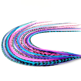 Feather Headz 21 Purple Pink Turquoise Hair Extensions front view