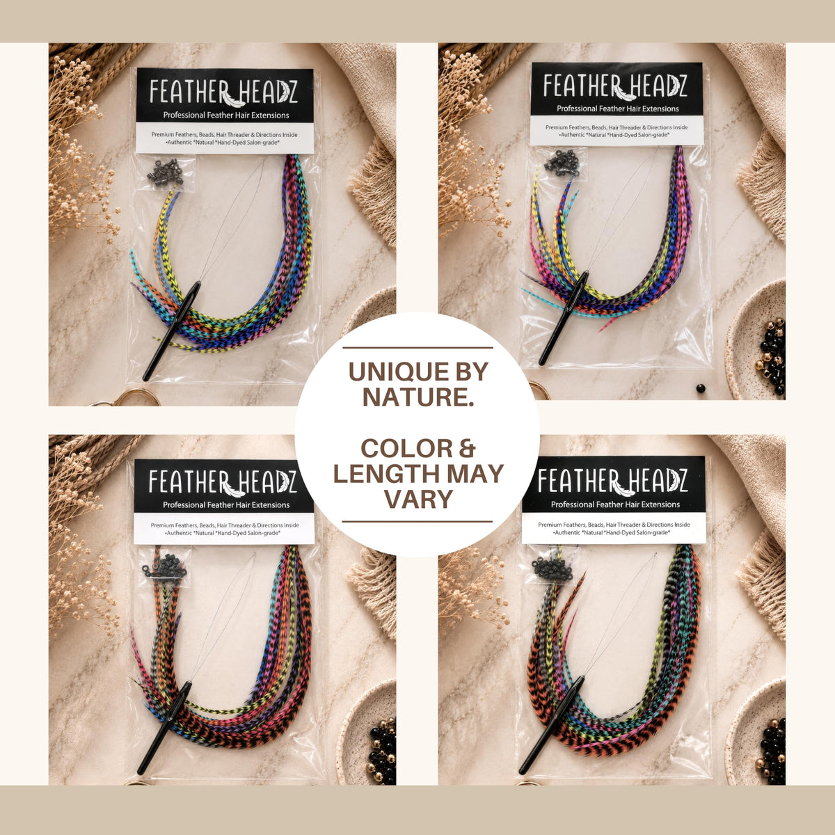 Feather Headz 21 Rainbow Grizzly extensions styled in hair