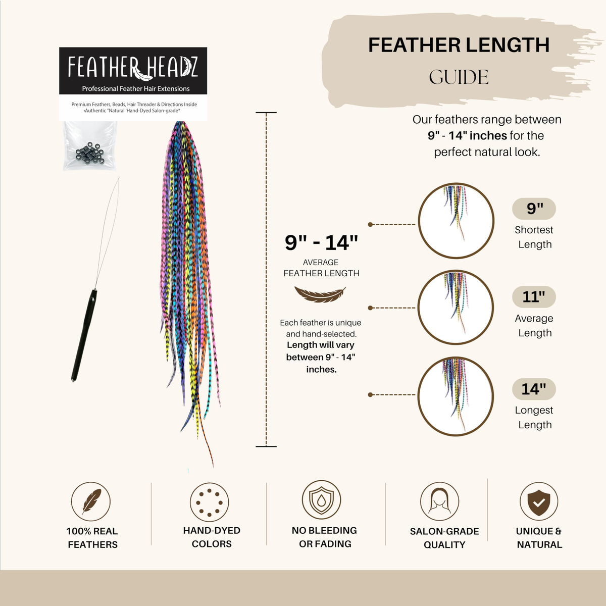 Feather Headz 21 Rainbow Grizzly Hair Extensions in vibrant colours
