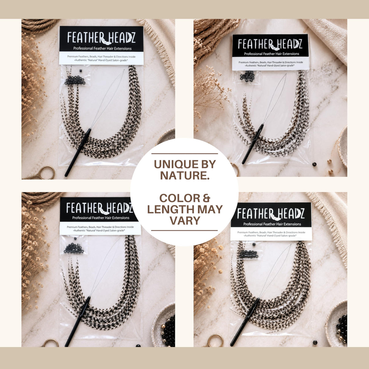 Feather Headz 9”-14” long hair extensions displayed