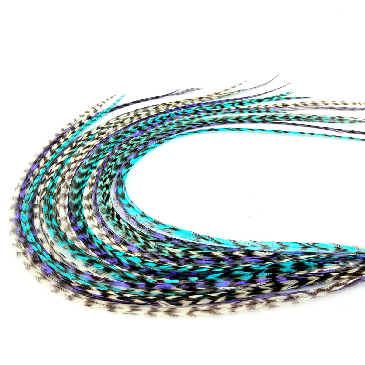 Feather Headz Grizzly Hair Extensions 21 pack in purple, white, and turquoise