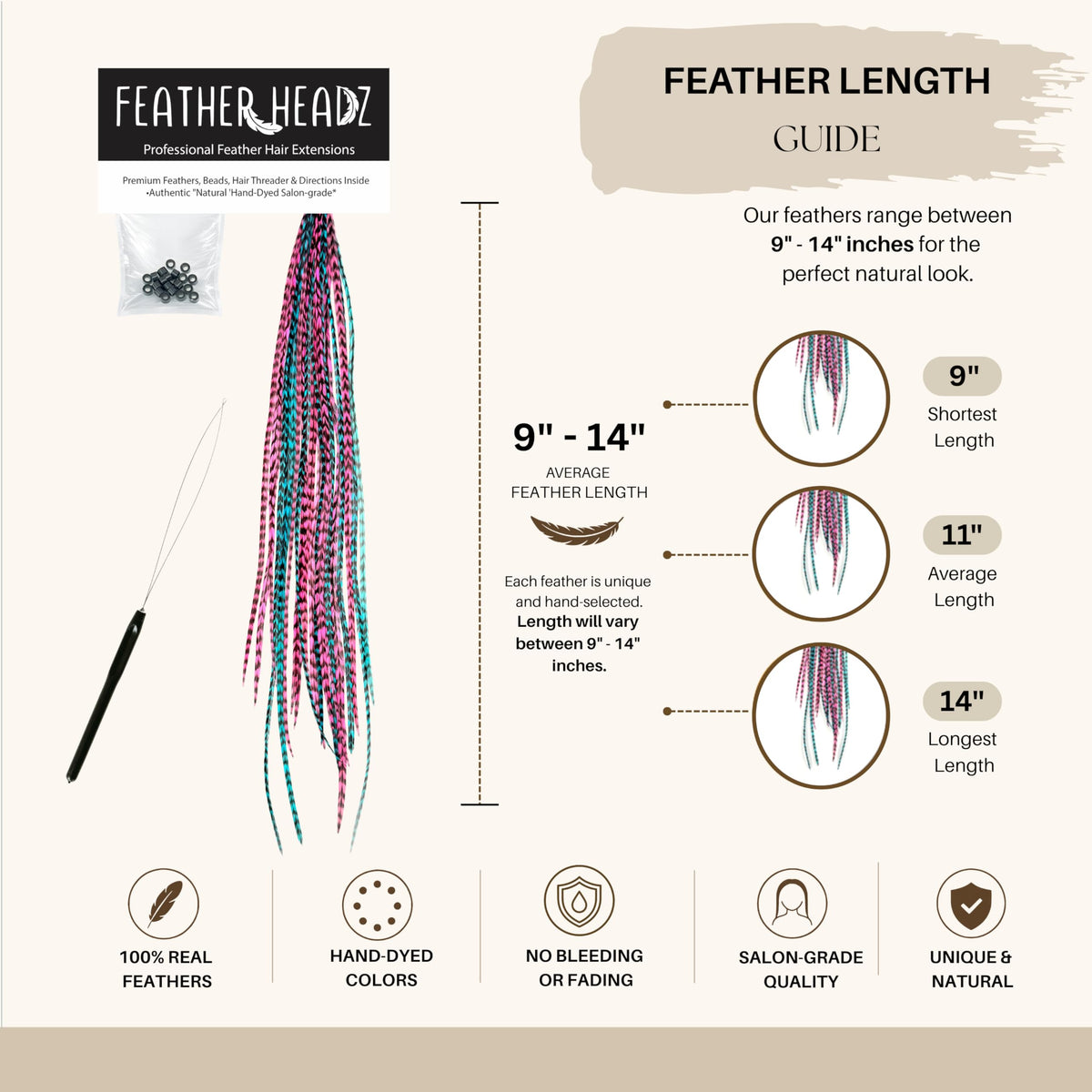 Feather Headz hair extensions displayed with styling tools