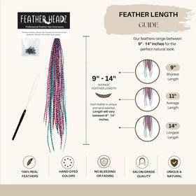 Feather Headz hair extensions displayed with styling tools