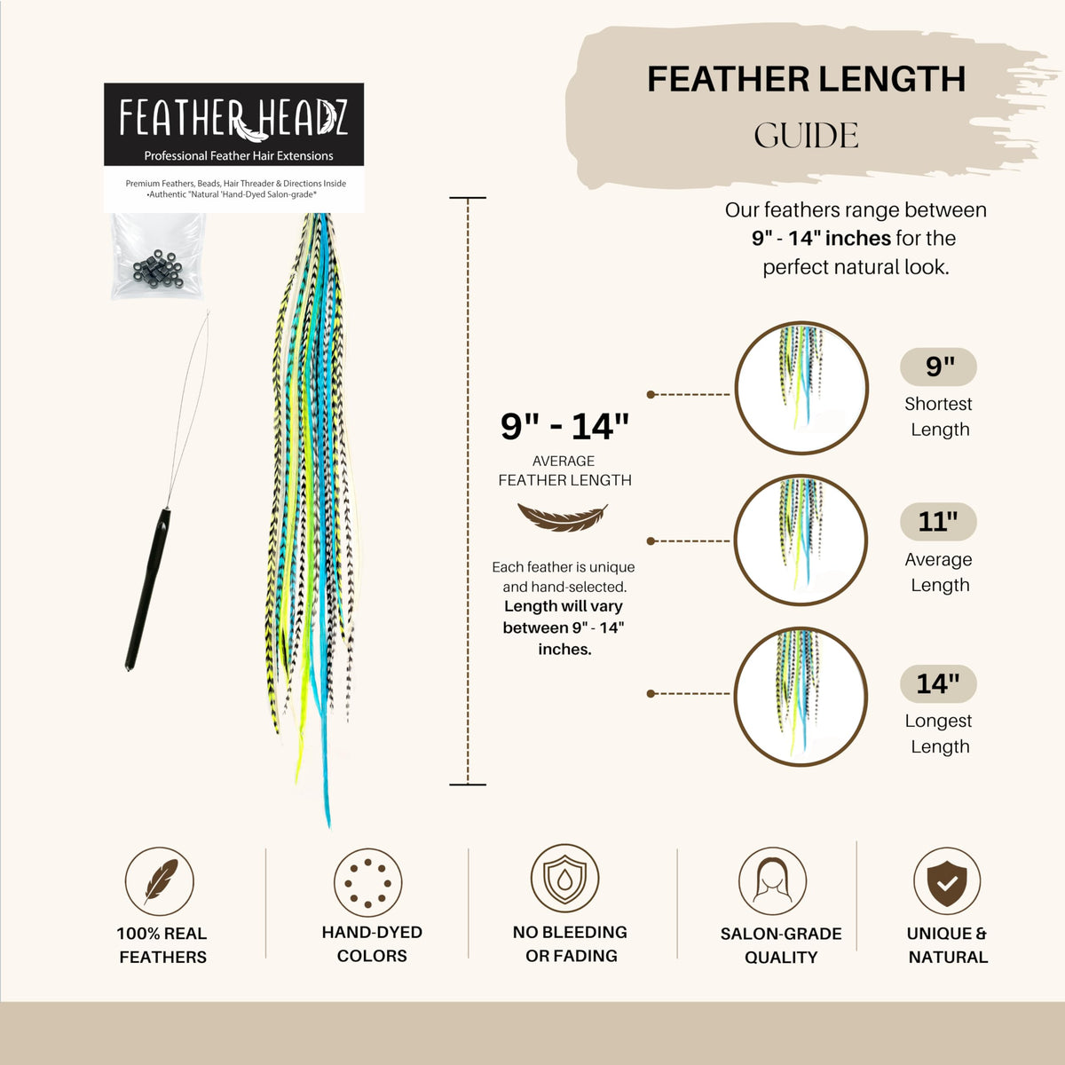 Feather Headz hair extensions displayed with styling tools