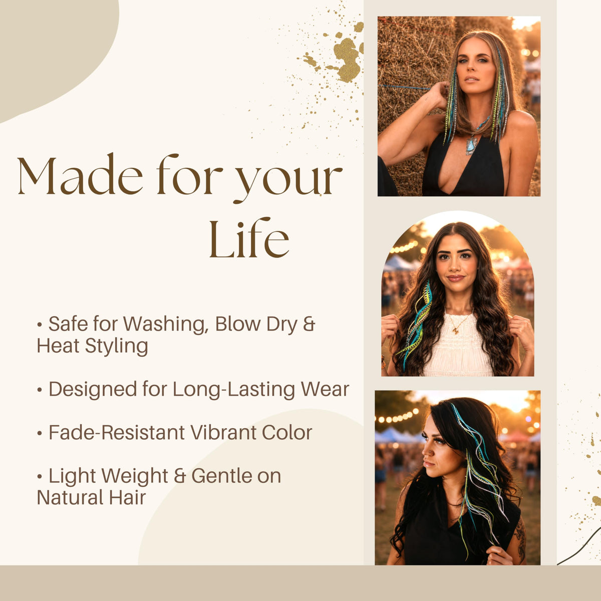 Feather Headz hair extensions showcasing vibrant boho style
