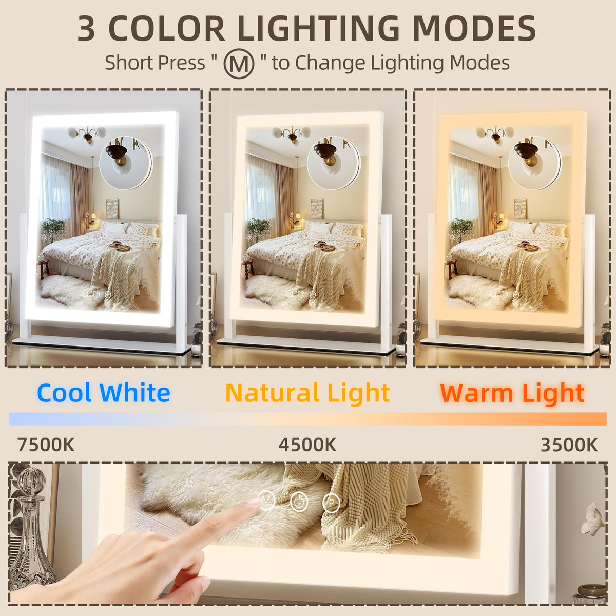 FENNIO 13x17 inch mirror showing touch control panel