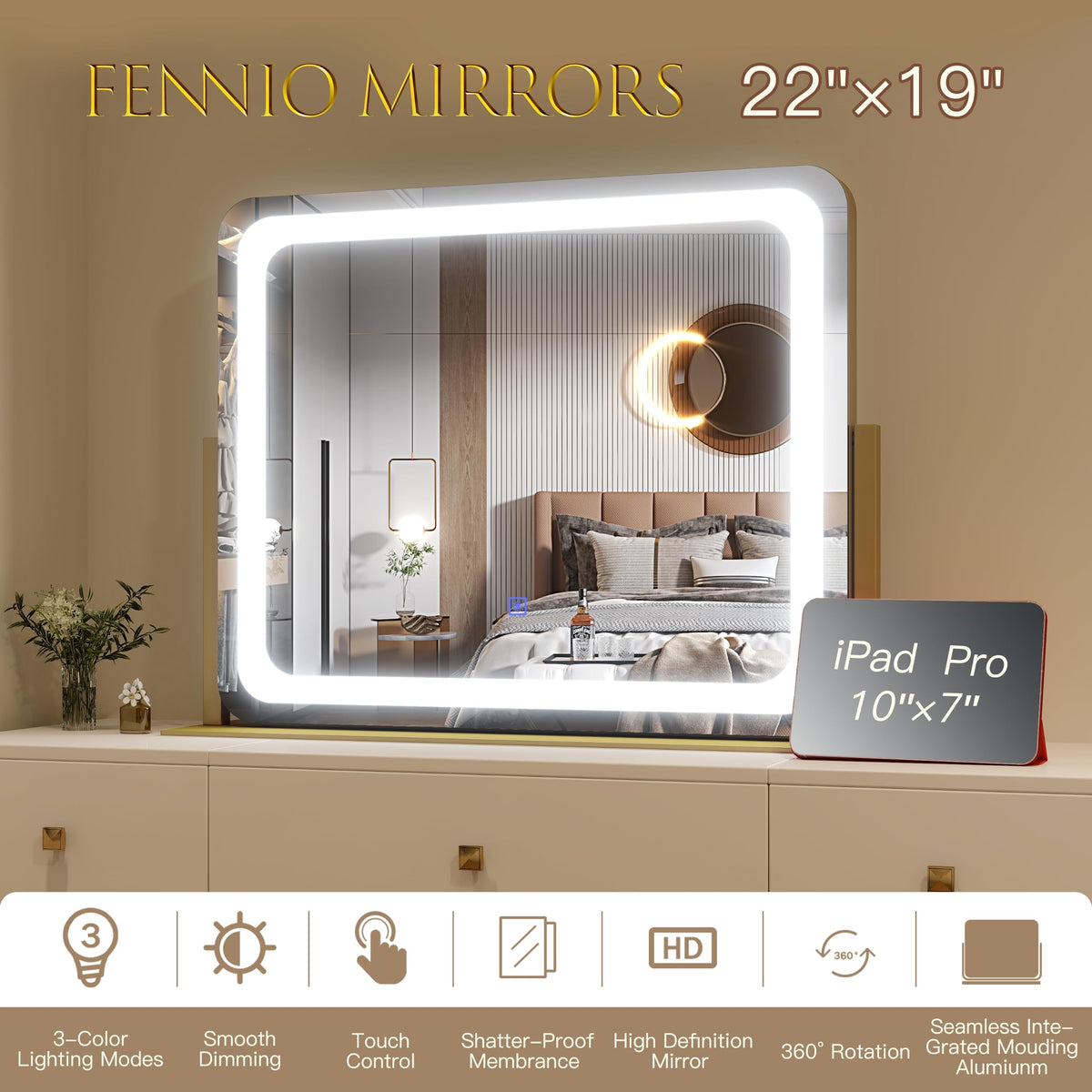 FENNIO Gold Vanity Mirror close-up of aluminum alloy frame