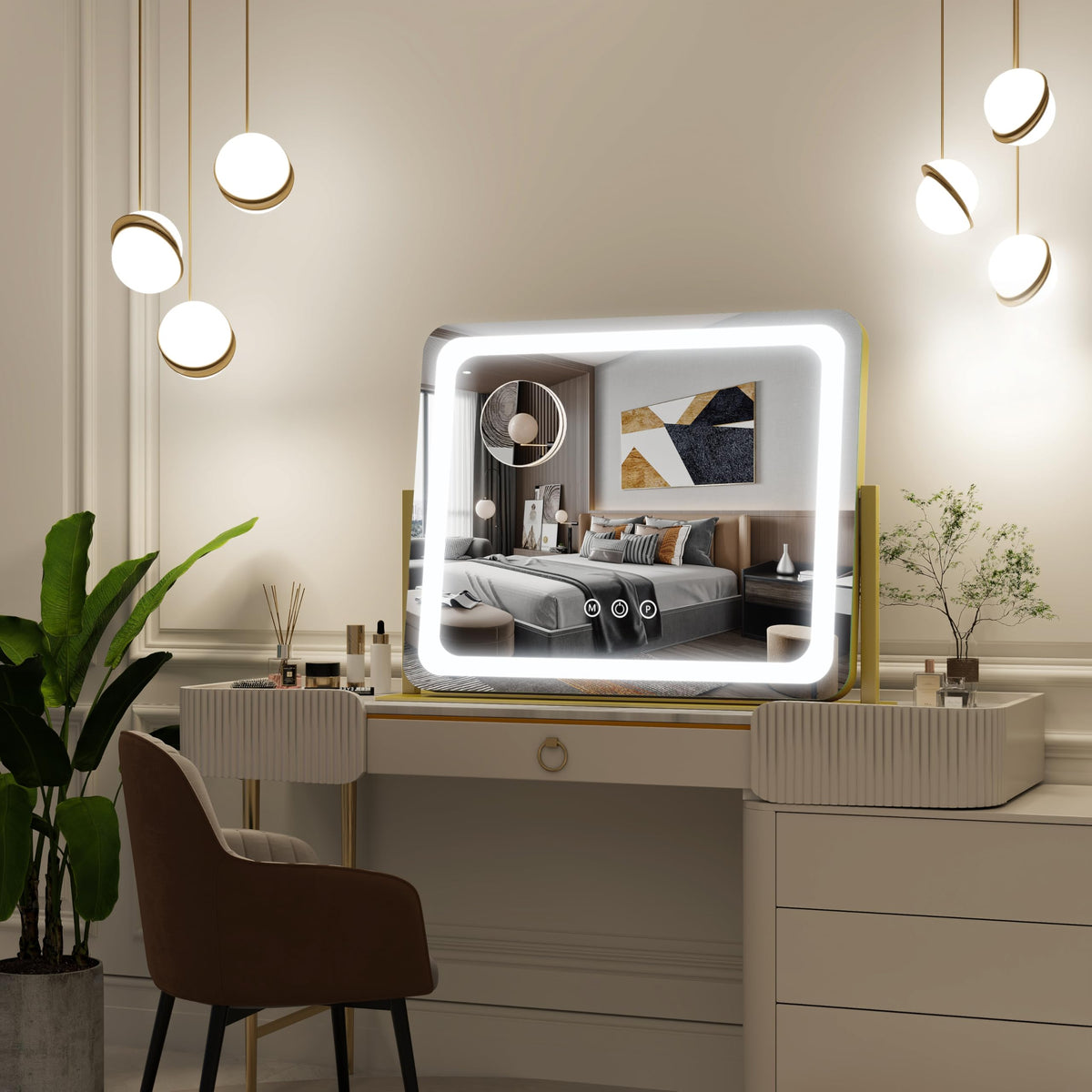 FENNIO Gold Vanity Mirror in a well-lit dressing room