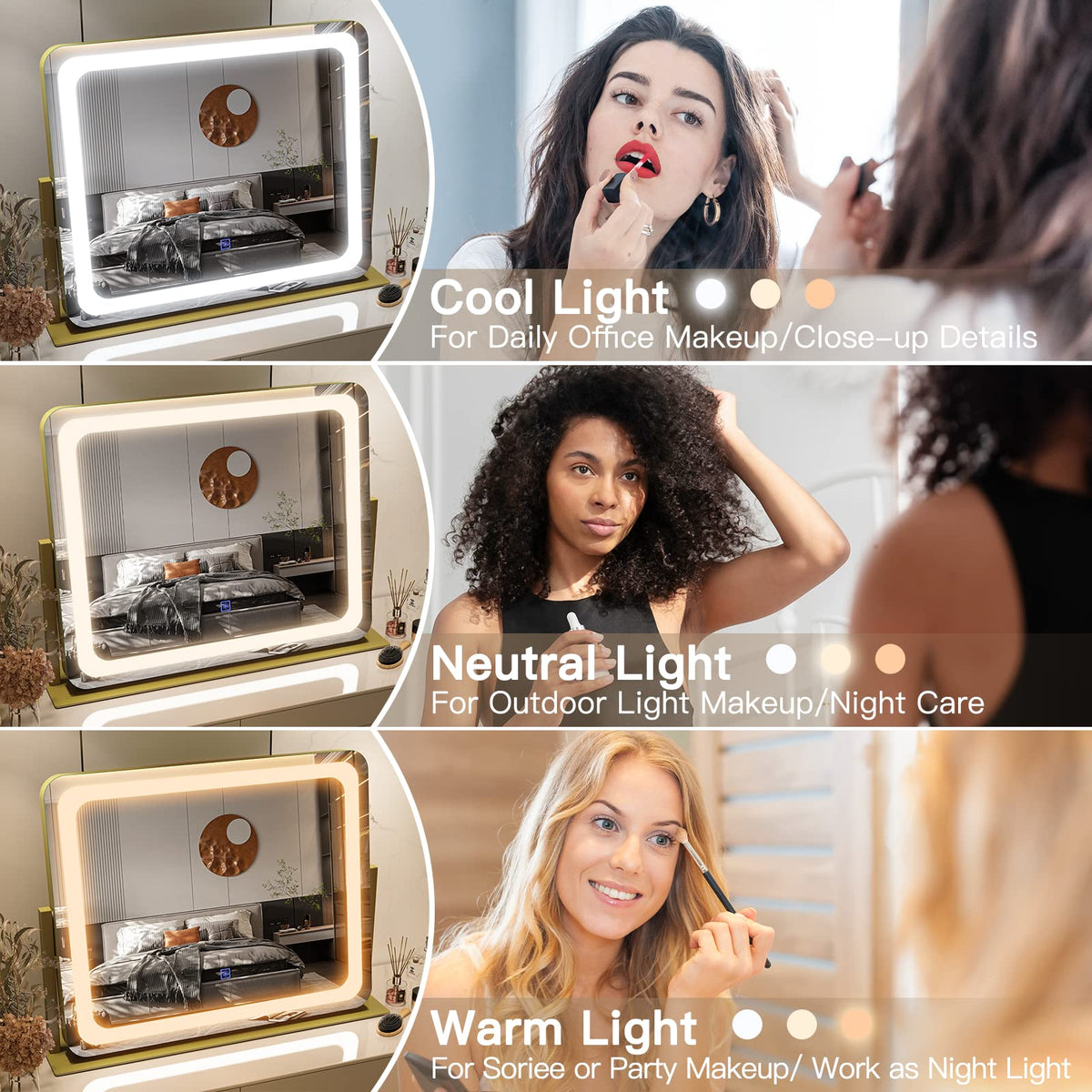 FENNIO Gold Vanity Mirror side view showing touch controls