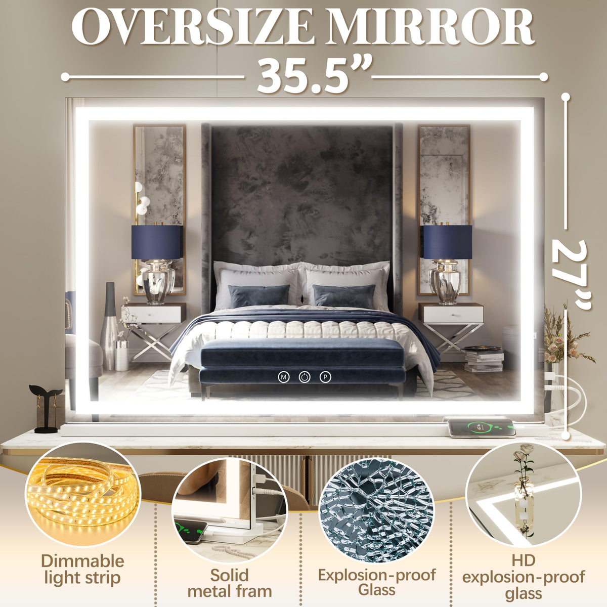 FENNIO Large Vanity Mirror close-up of adjustable brightness buttons