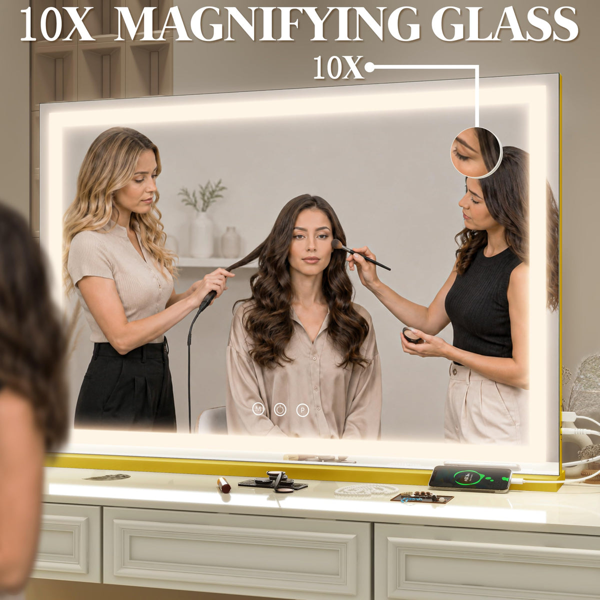FENNIO Large Vanity Mirror on a tabletop with lights on