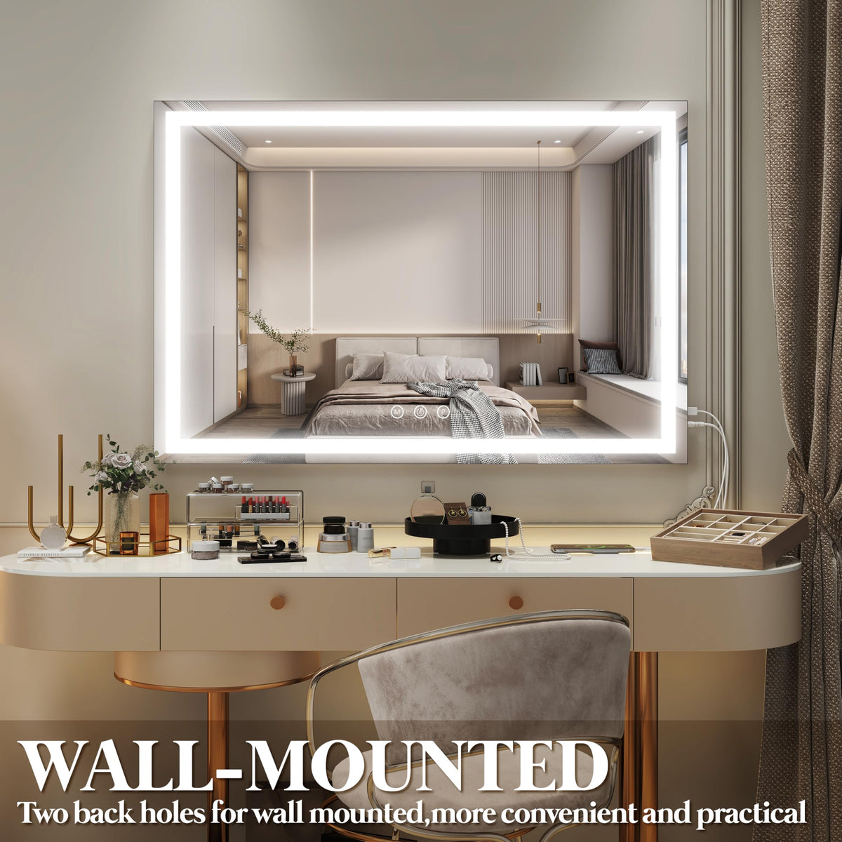 FENNIO Large Vanity Mirror on tabletop with makeup accessories