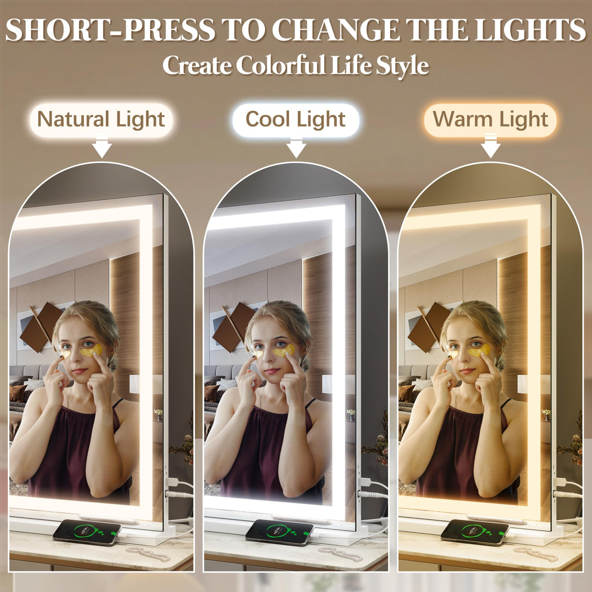 FENNIO Large Vanity Mirror side view showcasing 3 color modes