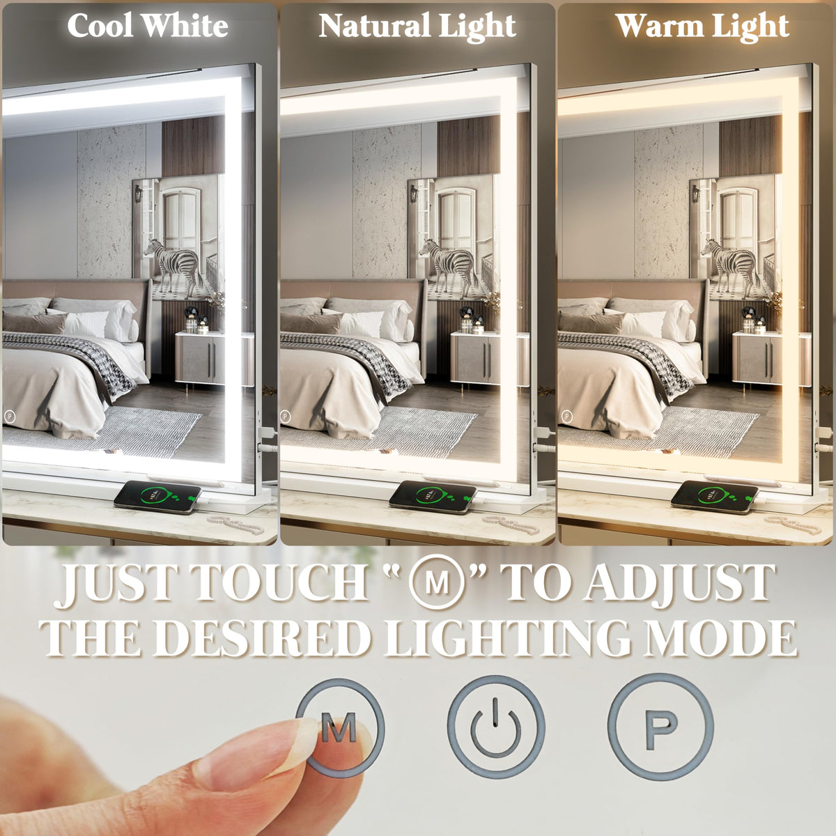 FENNIO Large Vanity Mirror with adjustable brightness settings