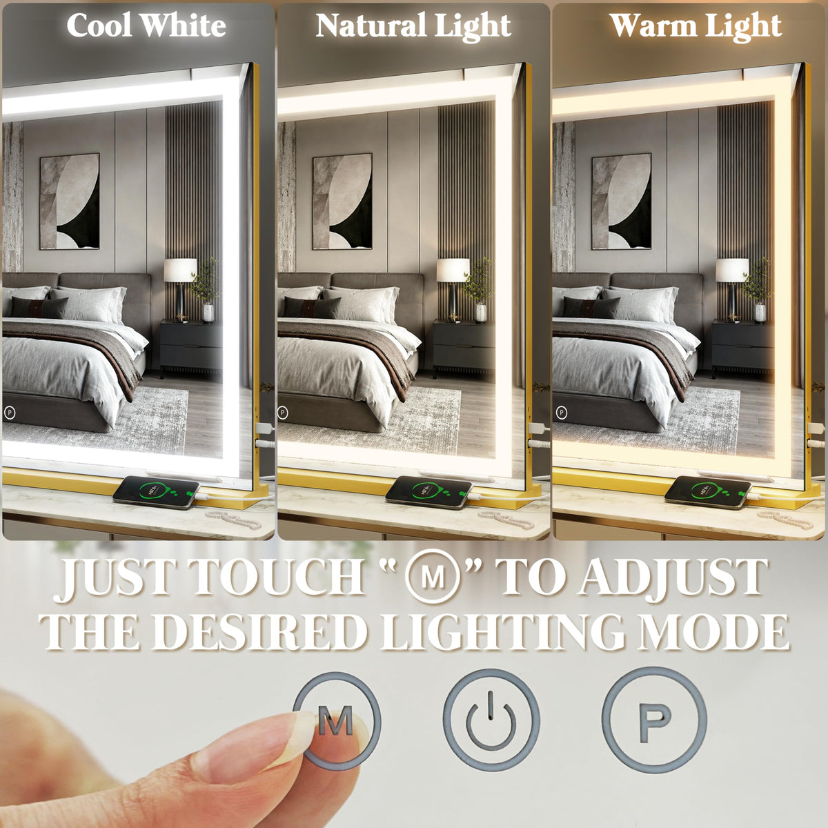 FENNIO Large Vanity Mirror with adjustable brightness settings