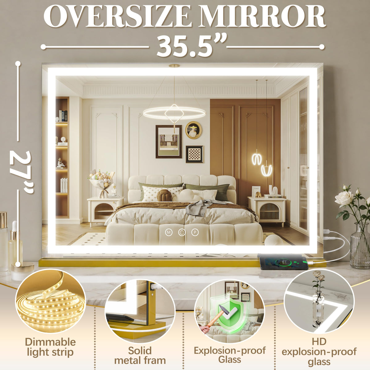 FENNIO Large Vanity Mirror with gold frame in a stylish room setting