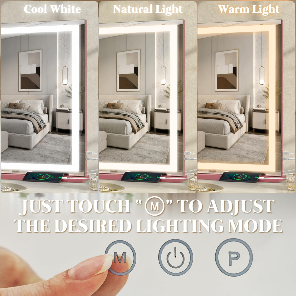 FENNIO Large Vanity Mirror with three color modes displayed