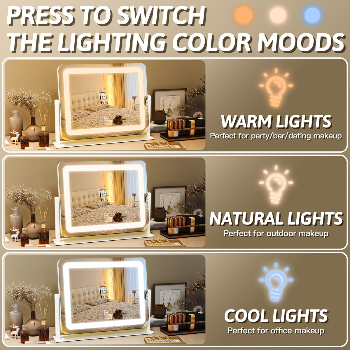 FENNIO Vanity Mirror 12x16 showing three light modes