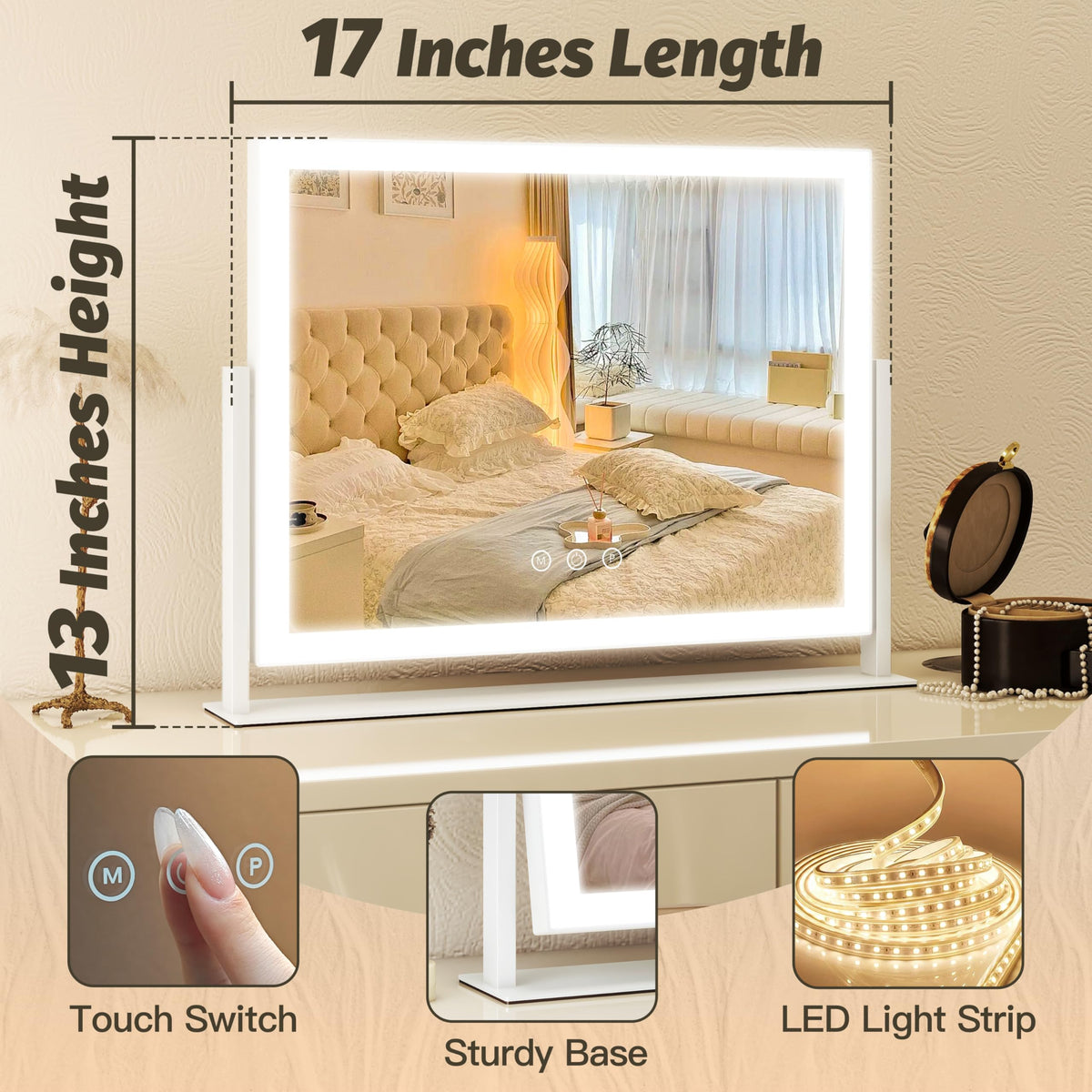 FENNIO Vanity Mirror packaging showing product features
