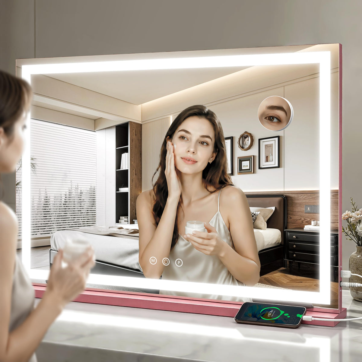 FENNIO Vanity Mirror showing daylight mode with makeup tools