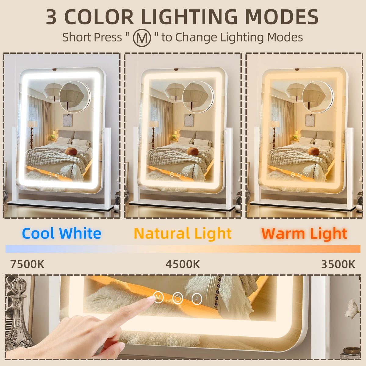 FENNIO Vanity Mirror showing three colour lighting options