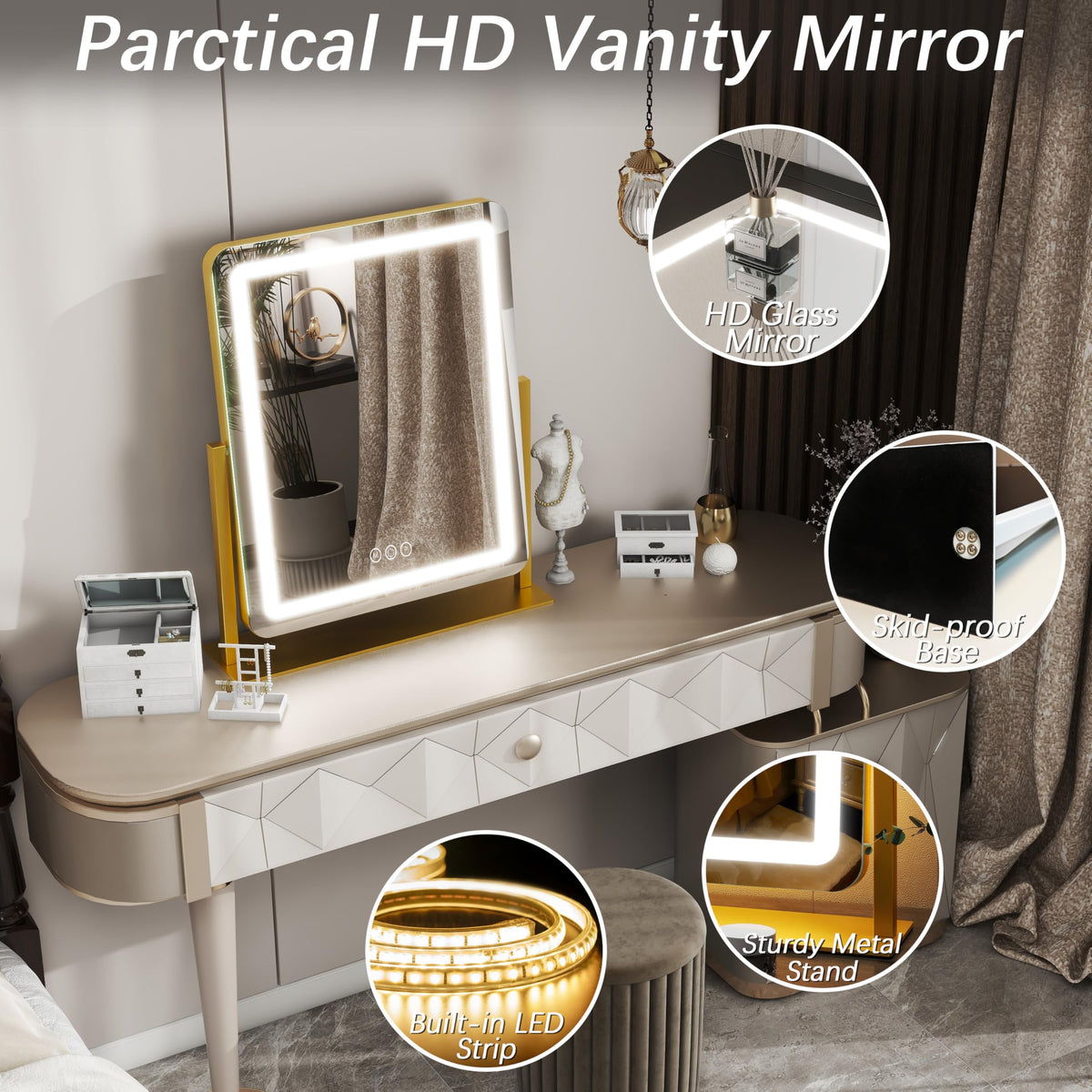 FENNIO Vanity Mirror with detachable baseboard installed