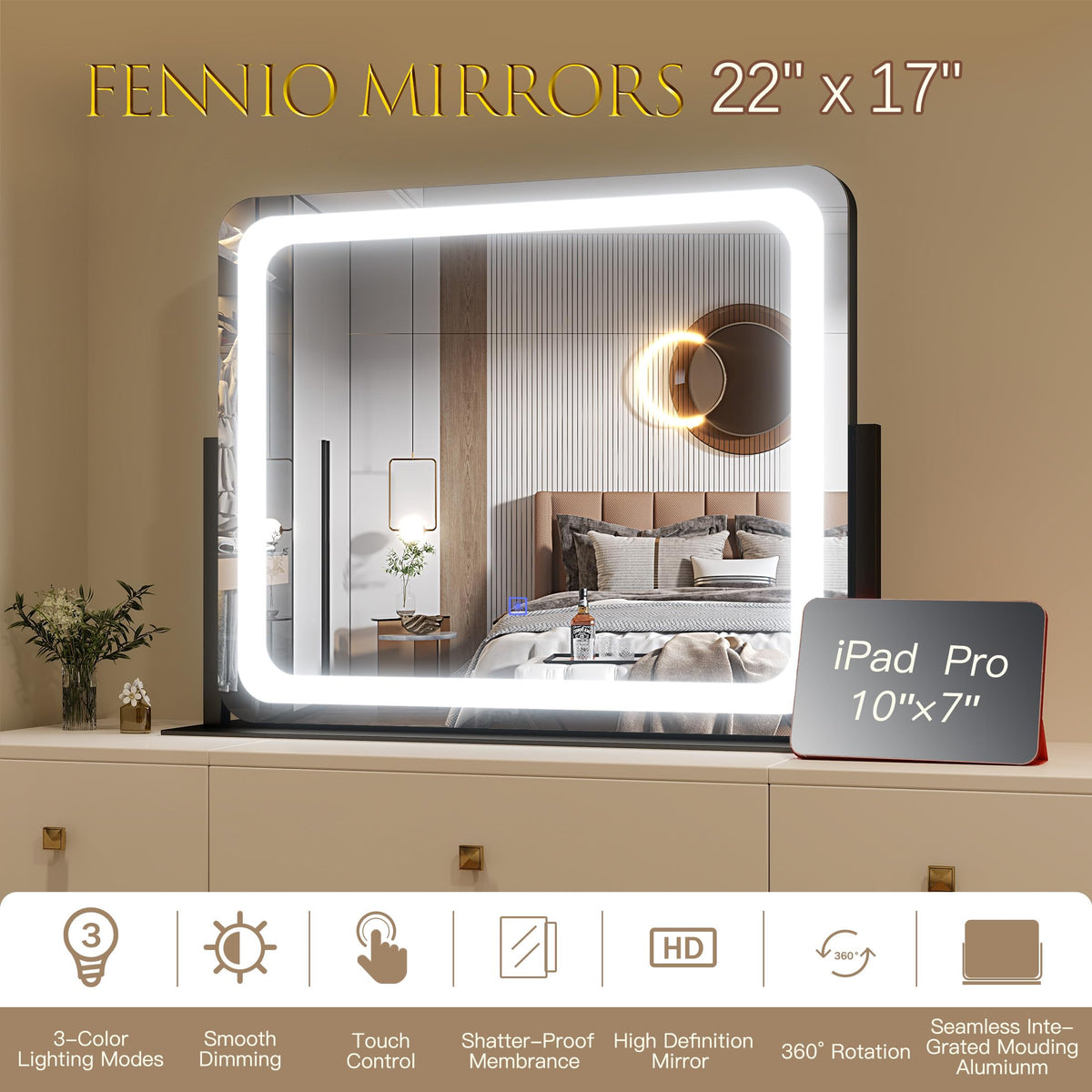 FENNIO Vanity Mirror with Lights 360-degree rotation feature