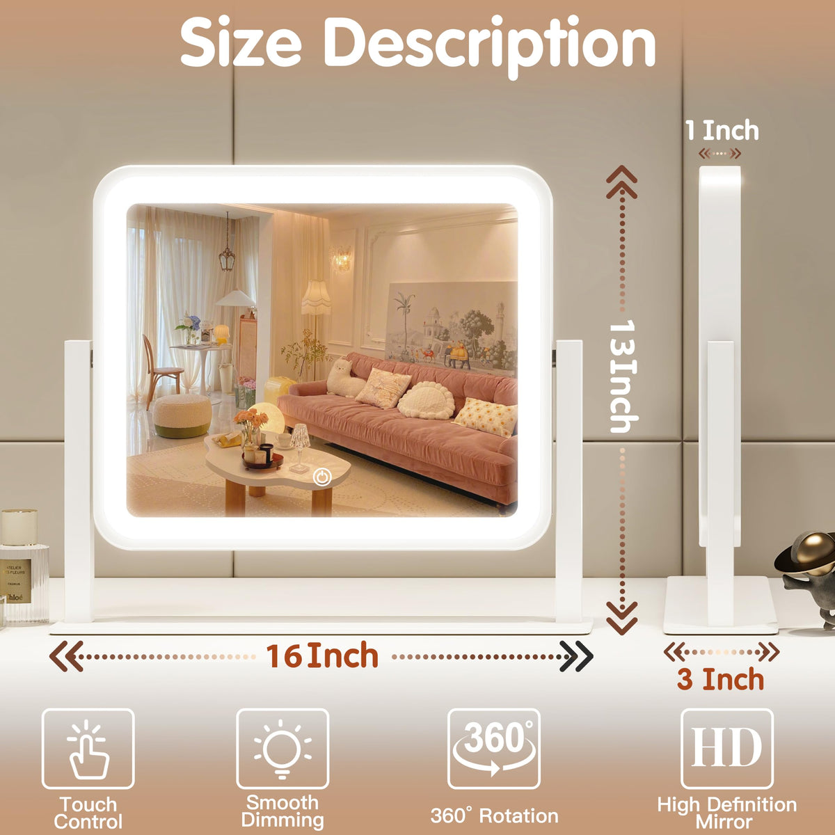 FENNIO Vanity Mirror with Lights close-up of aluminum frame